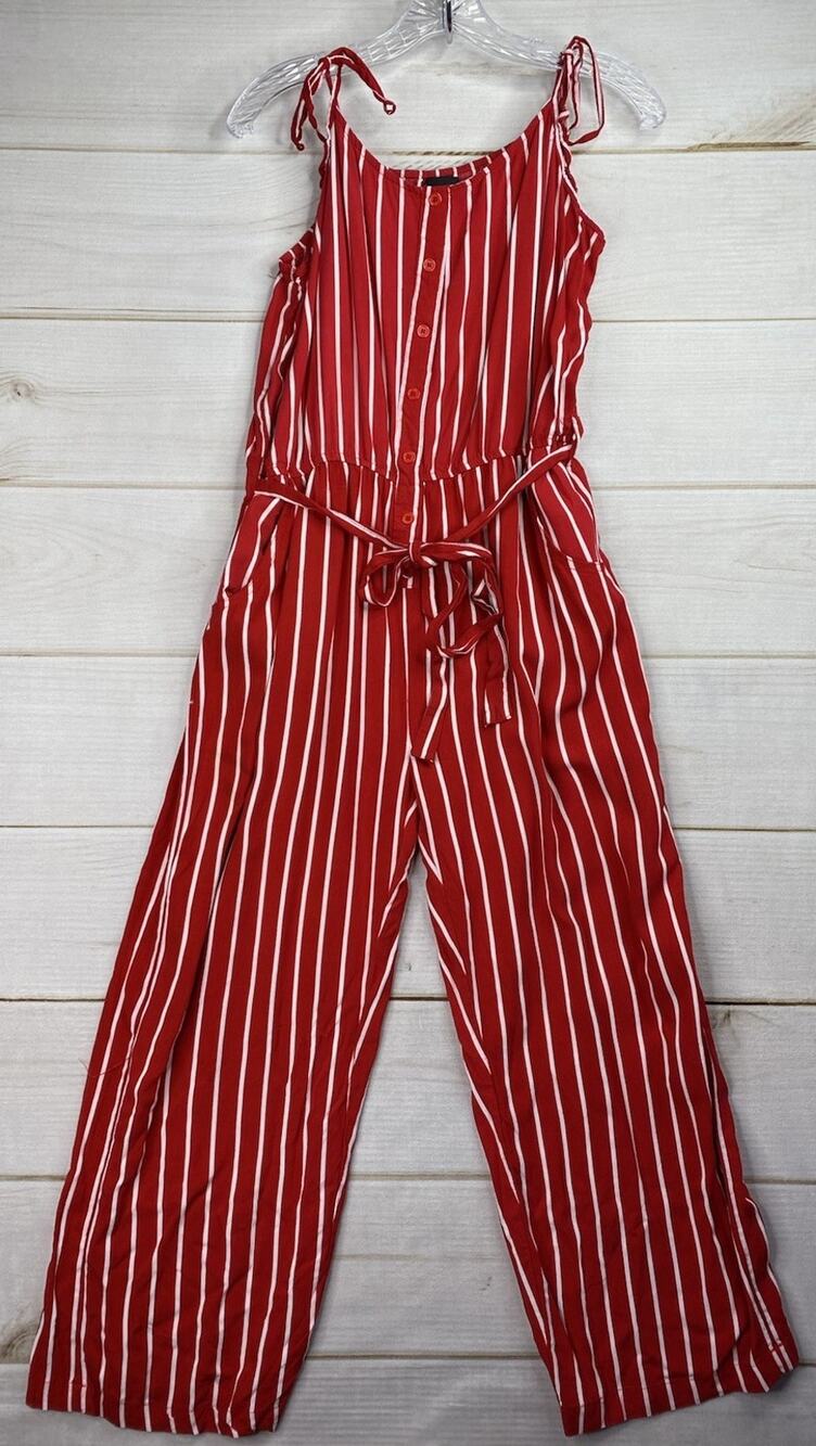Love by Chesley Jumpsuit 2X Red Striped Sleeveless Flowy Rayon Belted Wide Leg